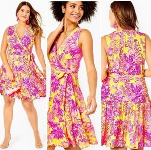 NWT LILLT PULTIZR Floral Wrap Dress in Calla Yellow Flieal Coral